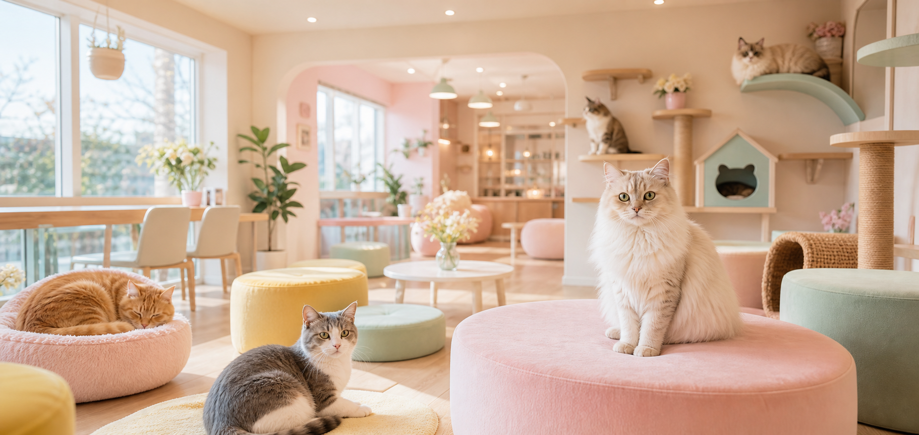 明るいパステルカラーの猫カフェ店内