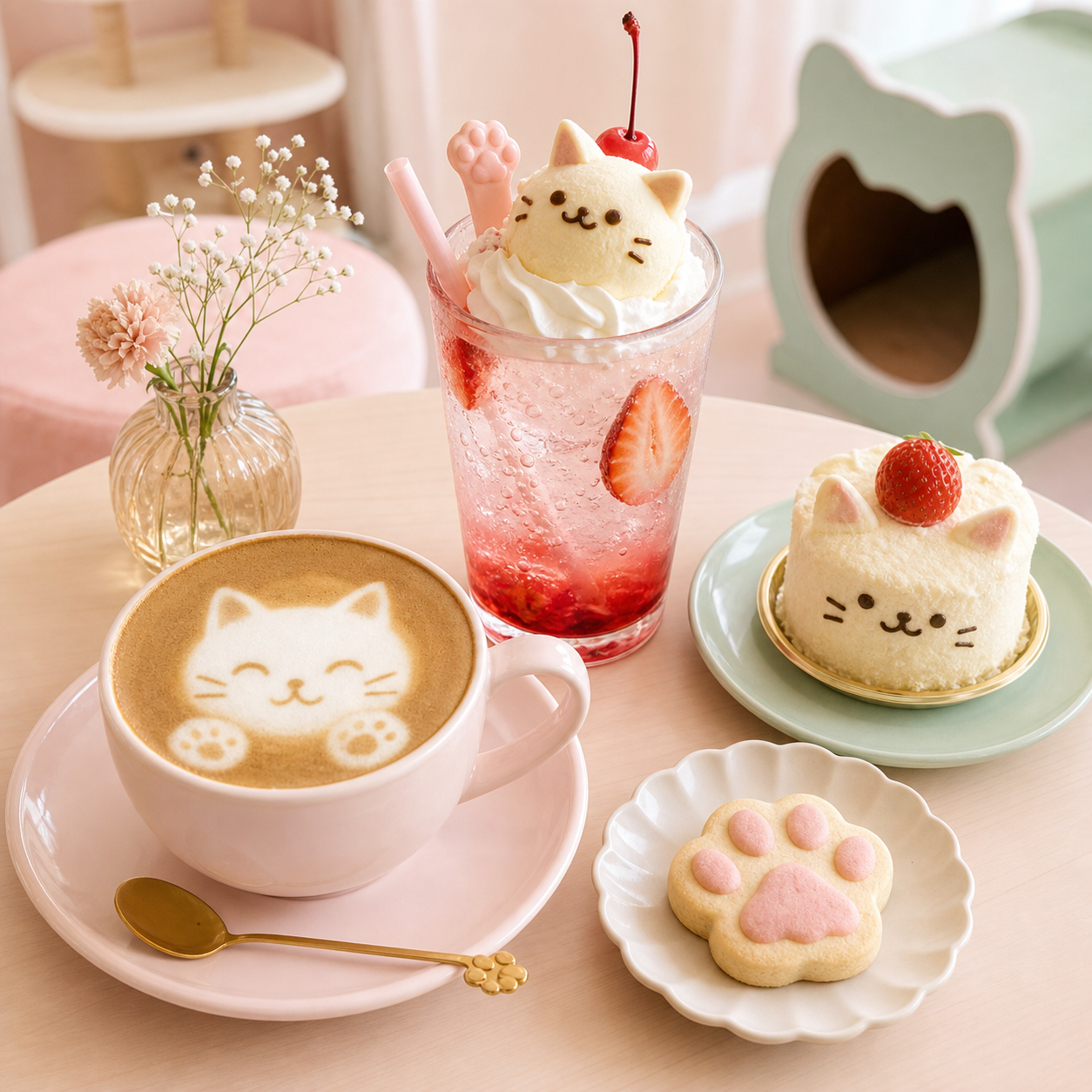 猫ラテと猫モチーフのスイーツ
